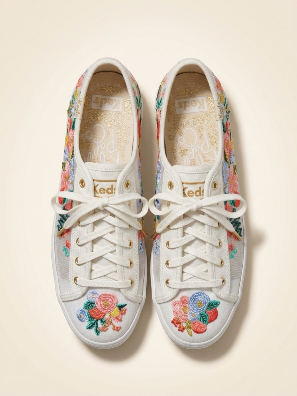 BRAND NEW Keds Women’s White Canvas Sneakers with Multicolor Floral Embroidery